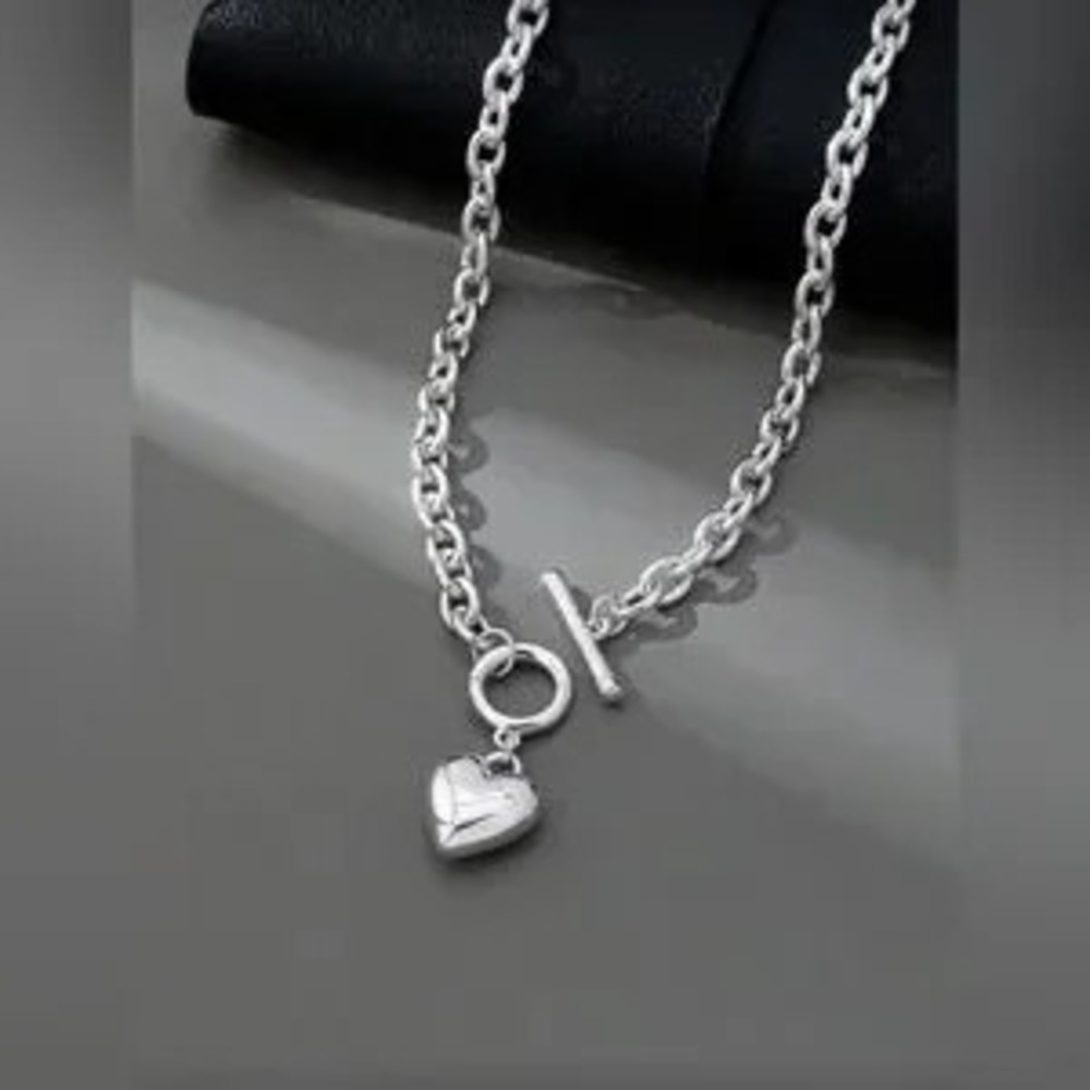 Silver Toggle Heart Charm Necklace Chunky Chain Necklace